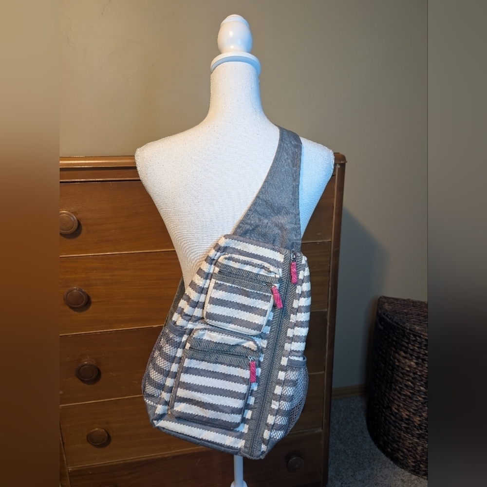 Thirty-One Gray White Striped Durable Crossbody Travel Purse